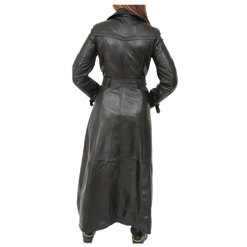 Women Gothic Long Black Leather Coat Double Breasted Trench Coat Motorbike Coat